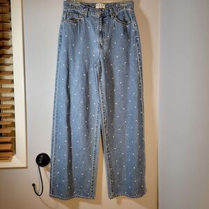 DAZE Demin Wide Leg All Over Embroidered Polka Dot Womans Size 26 NWT